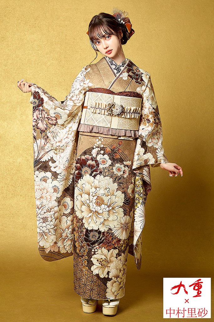 九重×中村里砂振袖ネットレンタル　くすみ色/ベージュ/クリーム/ブラウン　牡丹柄　おしゃれ　　トレンド　K650