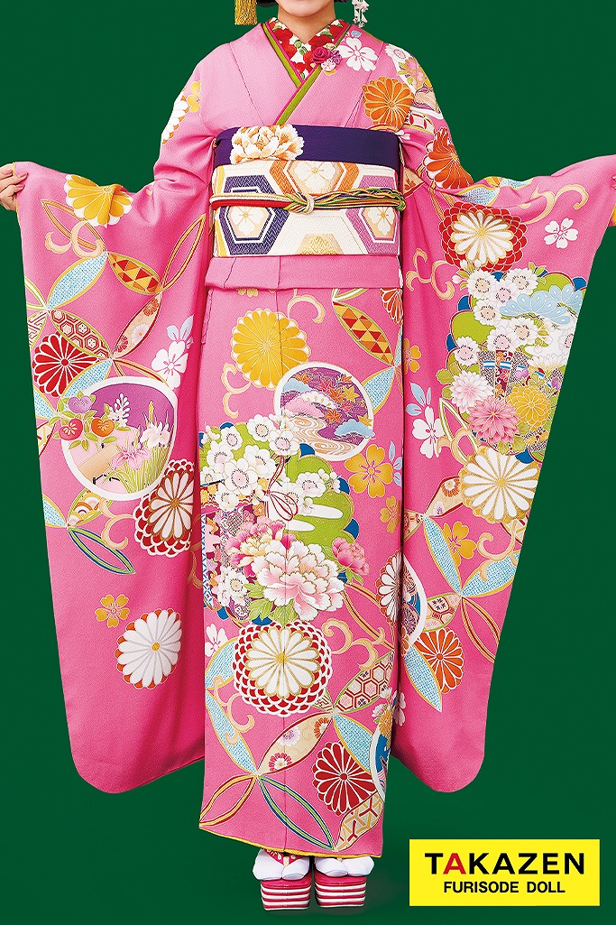 格安レトロ古典　ビビットピンク　古典柄　10万円以下　華やか　かわいらしい振袖ネットレンタル　29052