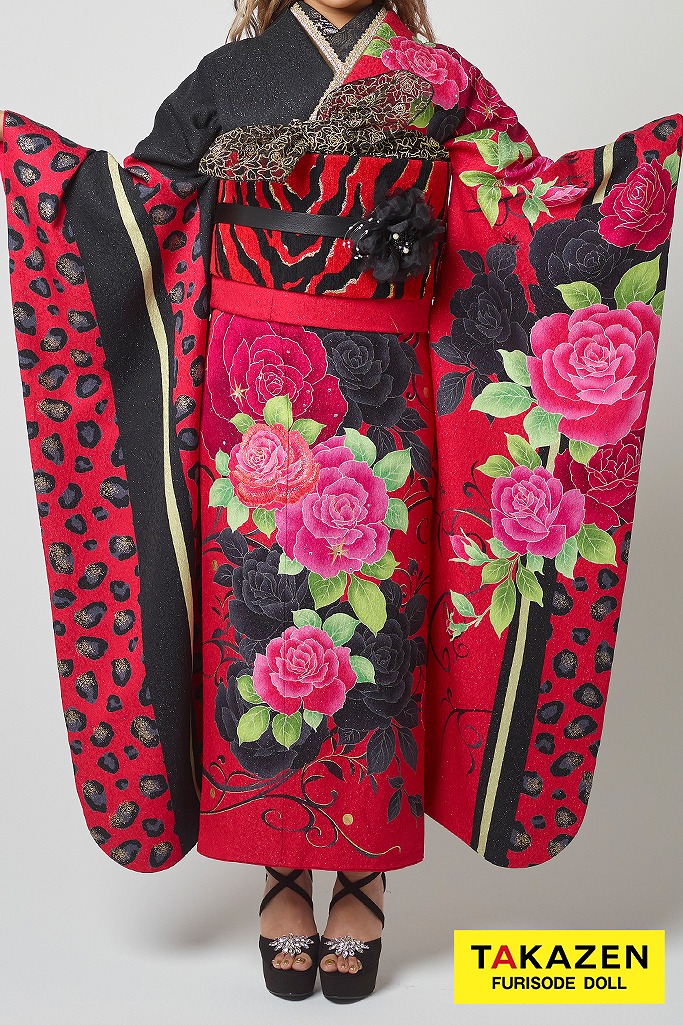 ラグジュアリーモード　赤/黒　ヒョウ柄/レオパード柄　　　人と被らない　派手　ギャル振袖ネットレンタル　30142