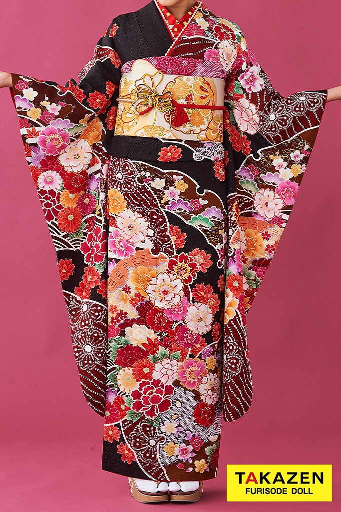 激安正統派古典　茶/赤/ブラウン　ボタン柄　格安　大人っぽい　上品　振袖ネットレンタル　プチプラ　　　32177