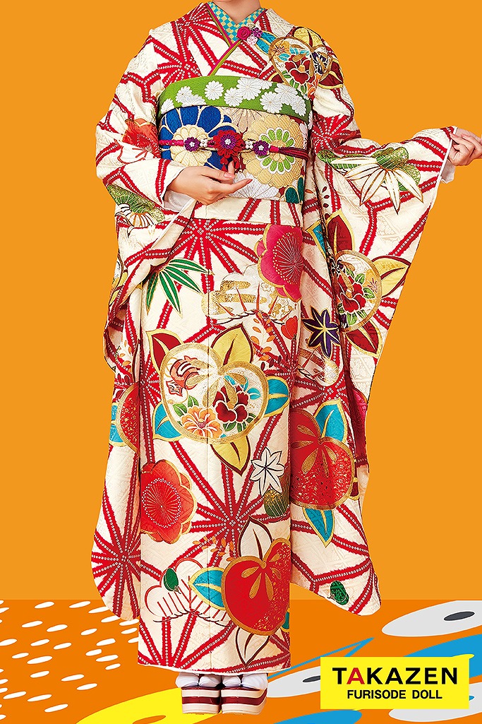 安いレトロ　白/赤/クリーム　饅頭菊　個性派　レトロモダン振袖ネットレンタル　古風　かわいい　ポップ　　31020