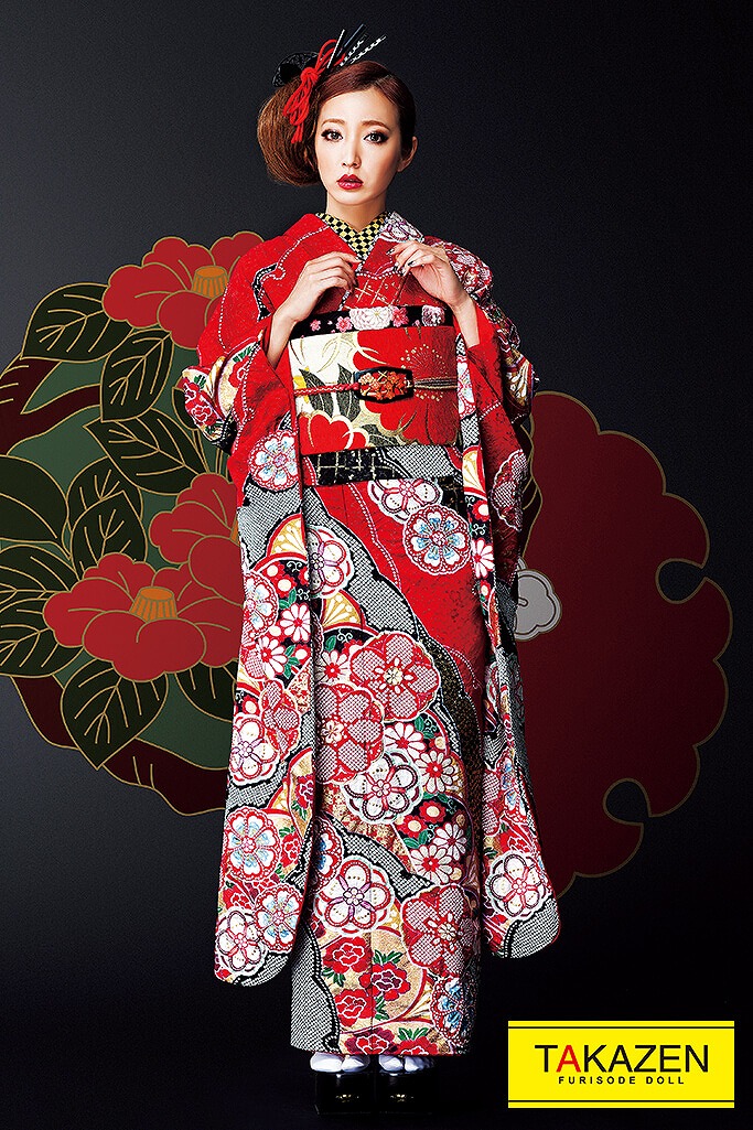 ジャパンモード　　赤/黒　絞り柄　高級　かっこいい振袖ネットレンタル　粋な花魁風　#F0104