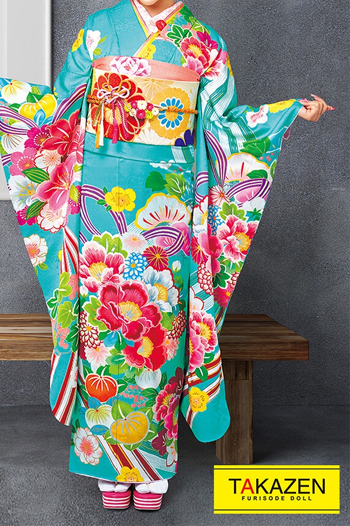 レトロモダン　黄/ピンク/水色(ブルー)　ビビットカラー　ツバキ柄　個性的振袖ネットレンタル　派手　かわいい　　21012