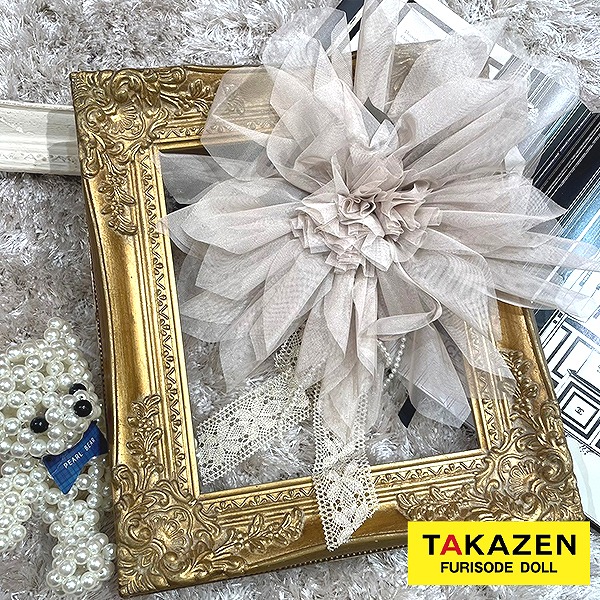 アンティーク調大きい帯飾り　ベージュ　レース髪飾り通販　オシャレカワイイチュール付き