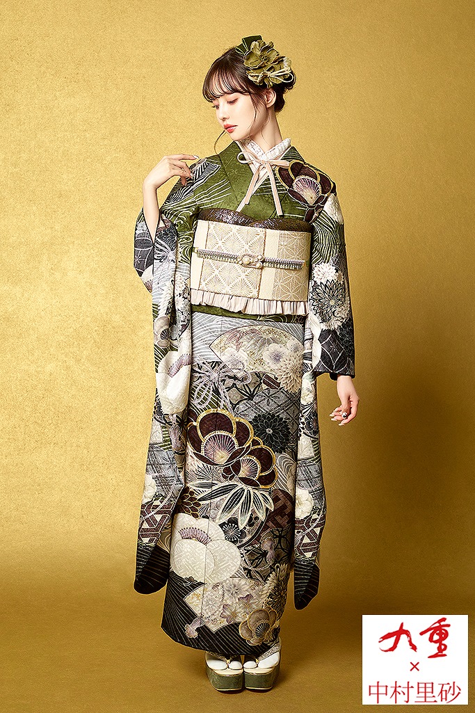 九重×中村里砂振袖ネットレンタル　緑色/抹茶色/ブラウン　万寿菊柄　梅柄　おしゃれ　トレンド　K654