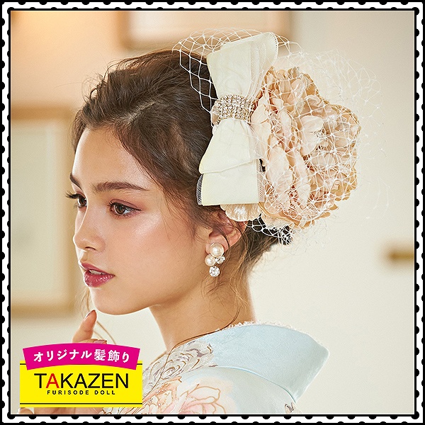 大人気チュール付オシャレヘッドアクセ髪飾り通販　大きいリボン　白/クリーム