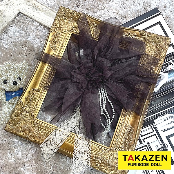 アンティーク調大きい帯飾り　ブラウン　レース髪飾り通販　オシャレカワイイチュール付き