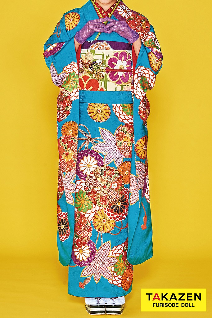 安いレトロポップ　ブルー(水色)/オレンジ　菊柄　可愛い　古典振袖ネットレンタル　激安プライス　32182