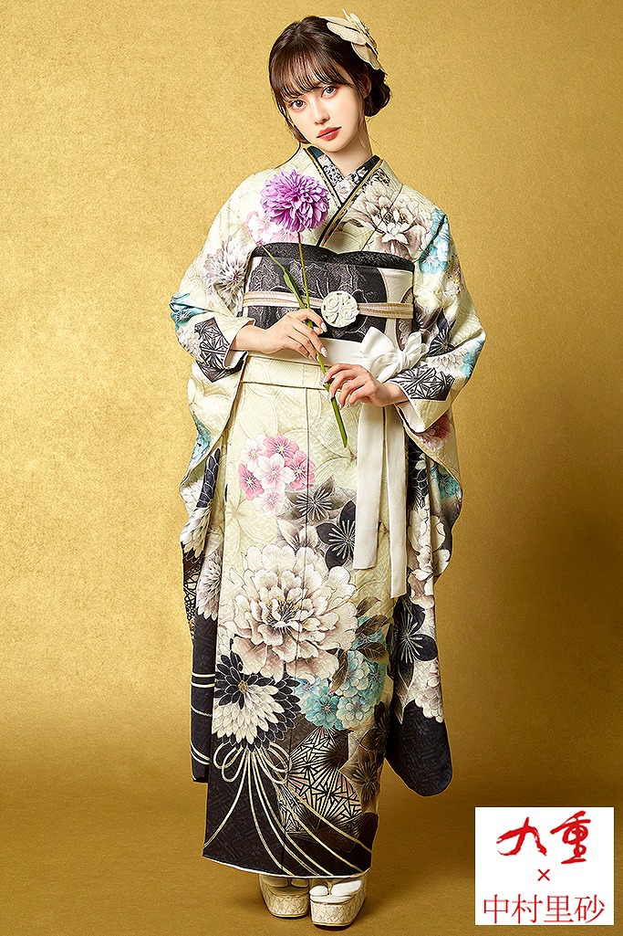 九重×中村里砂振袖ネットレンタル　薄緑/くすみ色/黄緑色/くすみグリーン　ダスティーカラー　大柄　牡丹柄　おしゃれ　　トレンド　K659