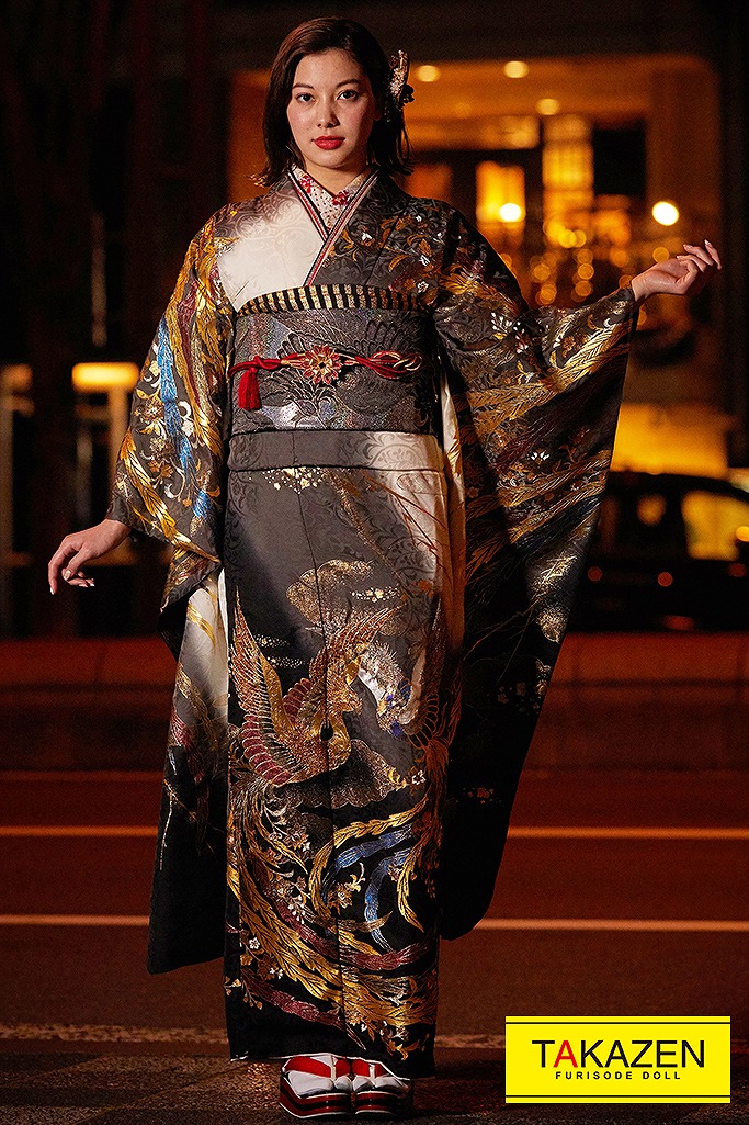 ジャパンモード　グレー/ゴールド(金色)　鳳凰柄　桂由美プレミアム振袖ネットレンタル　渋い　高級　K255