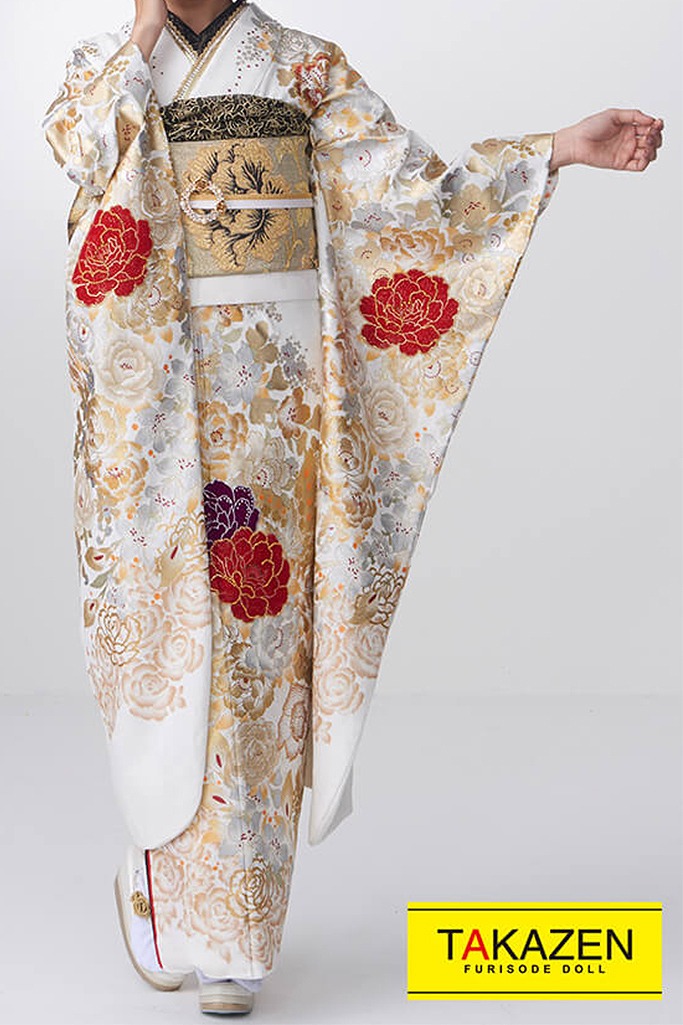 格安ゴージャスモード　　バラ柄　白/ゴールド(金色)一番目立つ　豪華　派手振袖ネットレンタル　桂由美デザイン　#F0088