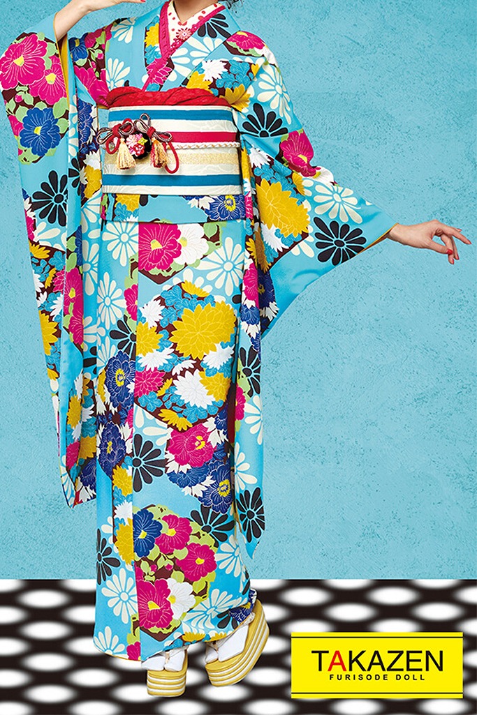 激安レトロポップ　水色(ブルー)/黄/ピンク/カラフル　総柄　個性的振袖ネットレンタル　おしゃれ　かわいい　21040