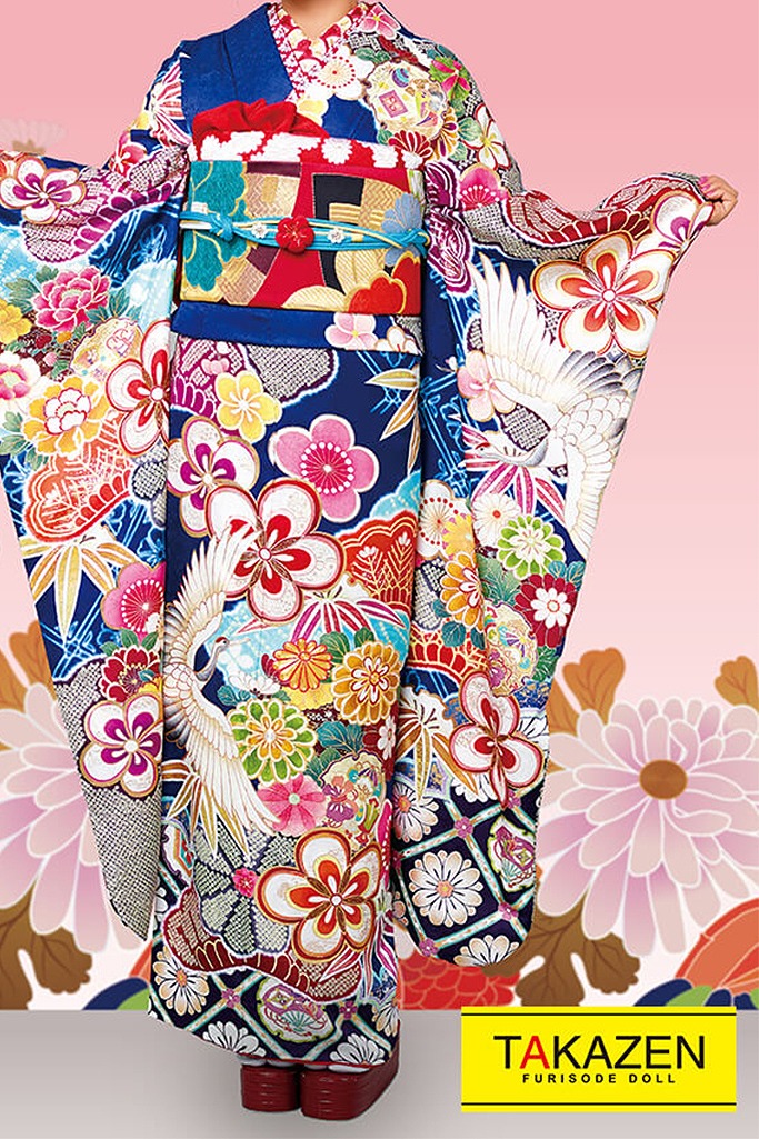 正統派古典　赤/青色(ブルー)　梅柄/鶴柄　目立つ　華やか　レトロポップ振袖ネットレンタル　人と被らない　　21028