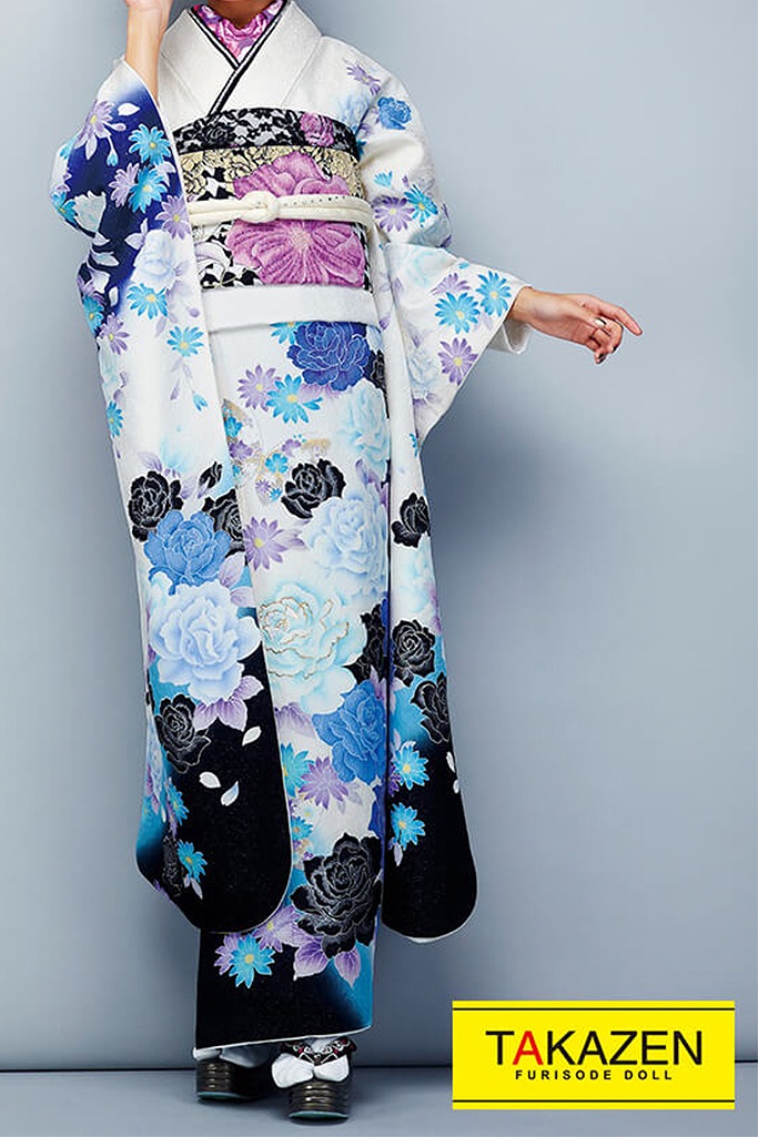 格安モード　白/ブルー(青色)/黒　薔薇柄シンプル　カッコイイ　目立つ振袖ネットレンタル　お得な格安フルセット　#F0111