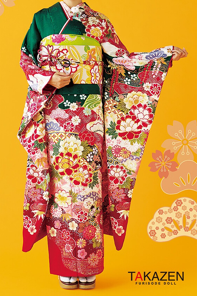 格安正統派古典　赤/グリーン(緑色)　牡丹柄　上品　大人かわいい　古典振袖ネットレンタル　華やか　32043