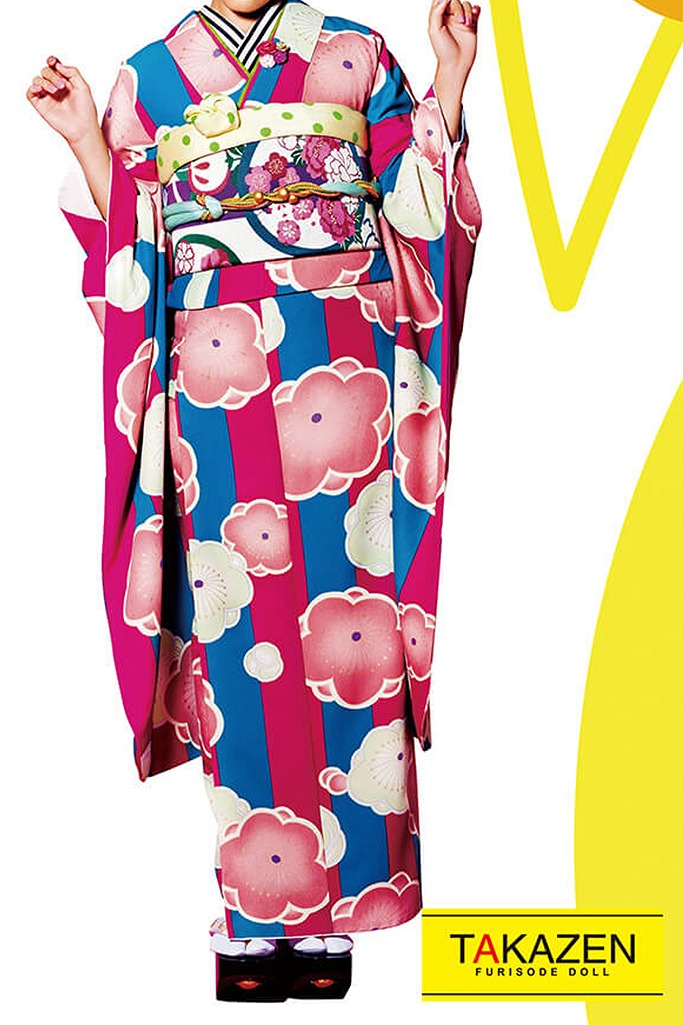 格安レトロ　ピンク/ブルー(青色)　個性的　レトロモダン振袖ネットレンタル　お得　安い　32185
