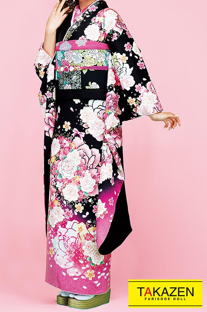 格安キュートガーリー　黒/ピンク　量産柄　バラ柄　ゆめかわいい　地雷系　ラブリー　リズリサ好きにおすすめの振袖ネットレンタル　　32162