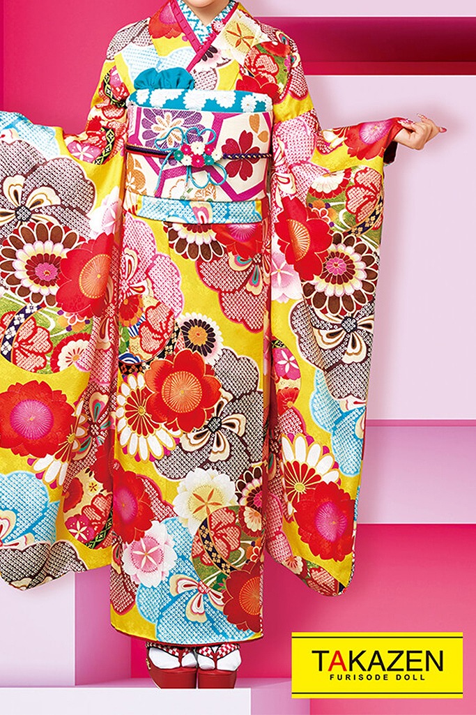 レトロポップ　ビタミンカラー/黄/オレンジ/赤　梅柄/現代柄　個性的　かわいい振袖ネットレンタル　21003