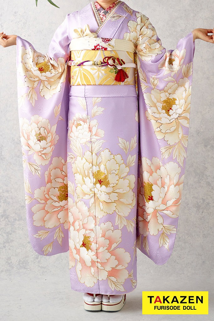 正統派古典　クリーム/紫/パステルカラー/淡い色　　大柄/牡丹柄　古典　シンプル振袖ネットレンタル　上品　　　22012