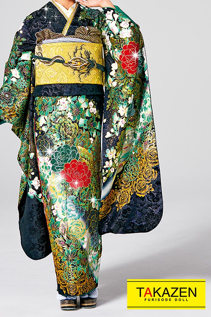 格安ギャルモード　　黒/グリーン(緑色)/ゴールド(金色)　バラ柄　派手　目立つ振袖ネットレンタル　桂由美デザイン　キラキラスワロフスキー付き　32125