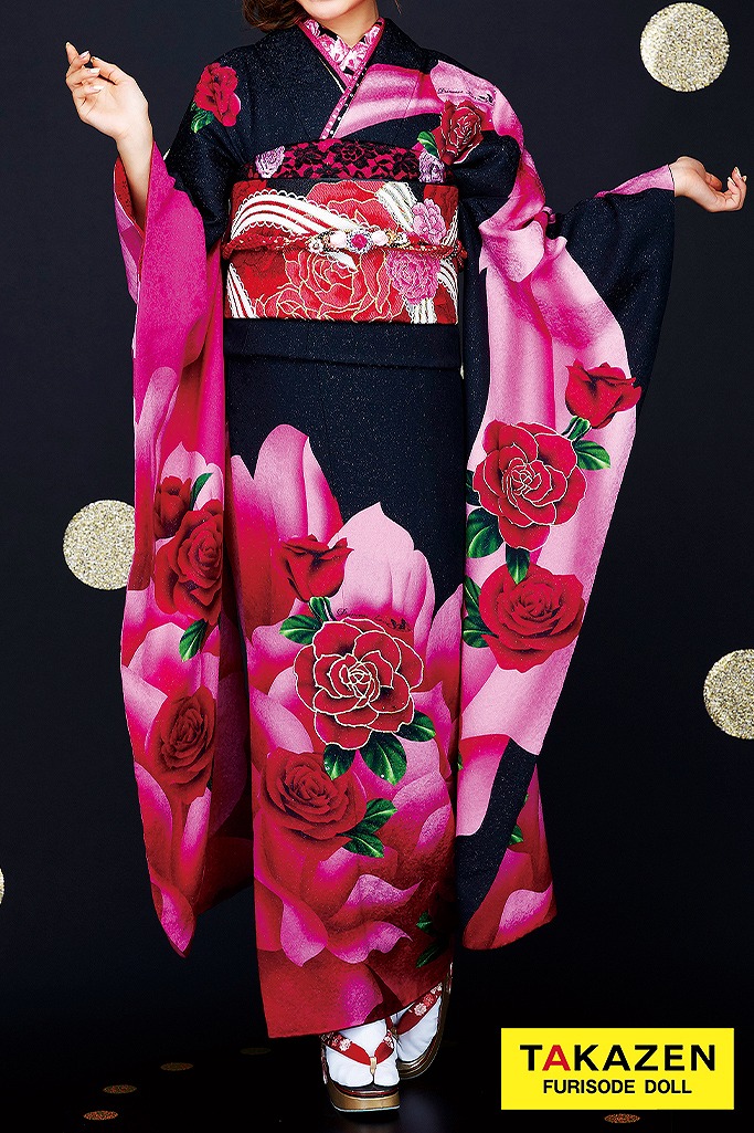 格安モード　ピンク/黒/赤　バラ柄/大柄　お得　派手可愛い　キュート系振袖ネットレンタル　目立つ　32188