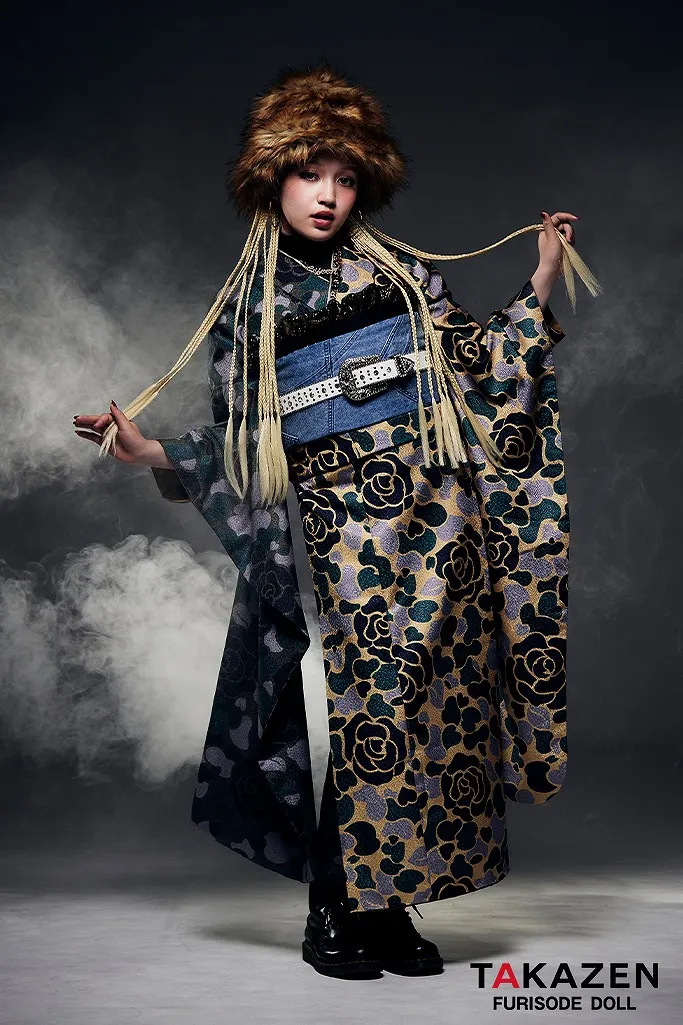 ヴィンテージスタイル　カーキ　迷彩柄/バラ柄/カモフラ柄　ストリート　デニム帯　かっこいい　おしゃれ　HIROCK/ハイロックコラボ振袖ネットレンタル　G67