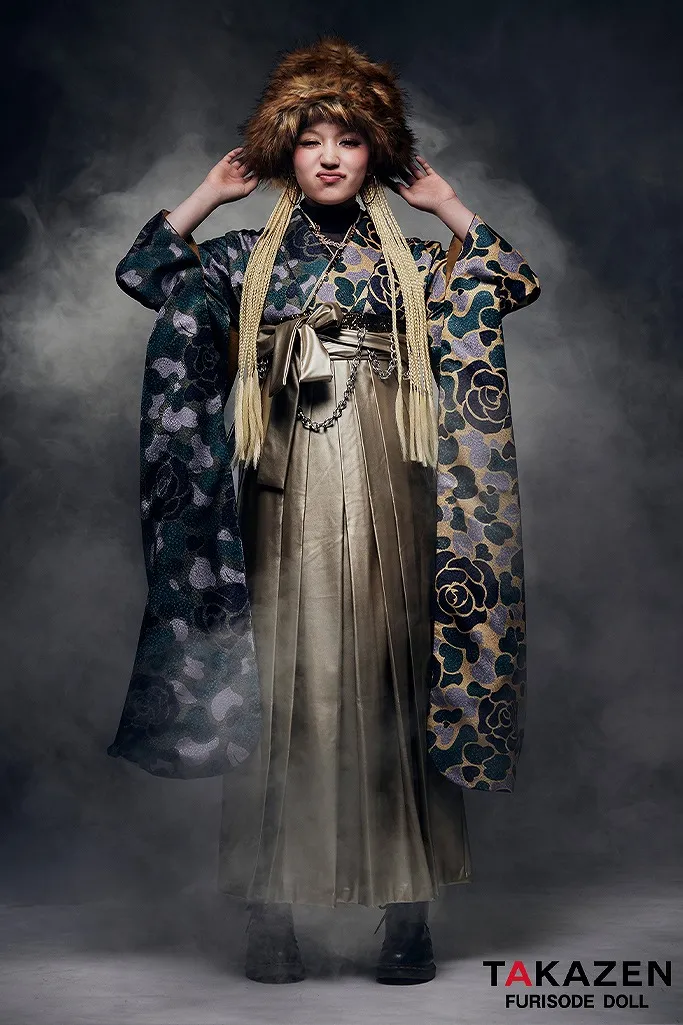 ヴィンテージスタイル　カーキ　迷彩柄/バラ柄/カモフラ柄　ストリート　ブーツコーデ　かっこいい　おしゃれ　HIROCK/ハイロックコラボ袴ネットレンタル　GH8