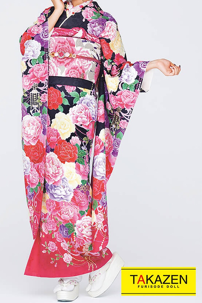 激安キュートガーリー　黒ピンク　バラ柄　病みかわいい　地雷系　可愛い振袖ネットレンタル　ゆるふわ　32168