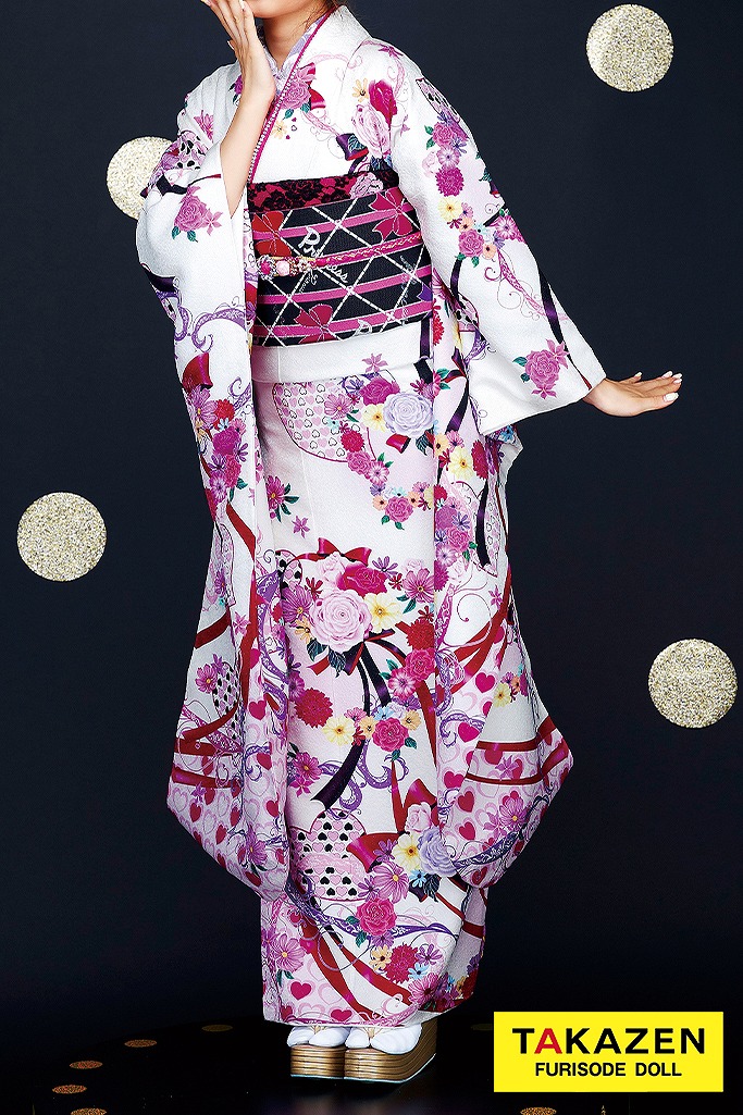 プチプラキュートガーリー　ピンク/赤/白　リボン柄　可愛い　ゆるふわ振袖ネットレンタル　激安　32191