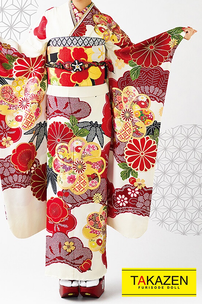 正統派古典　白/赤/アイボリー　花柄/大柄　目立つ古典振袖ネットレンタル　高身長さんにもおすすめ　32095