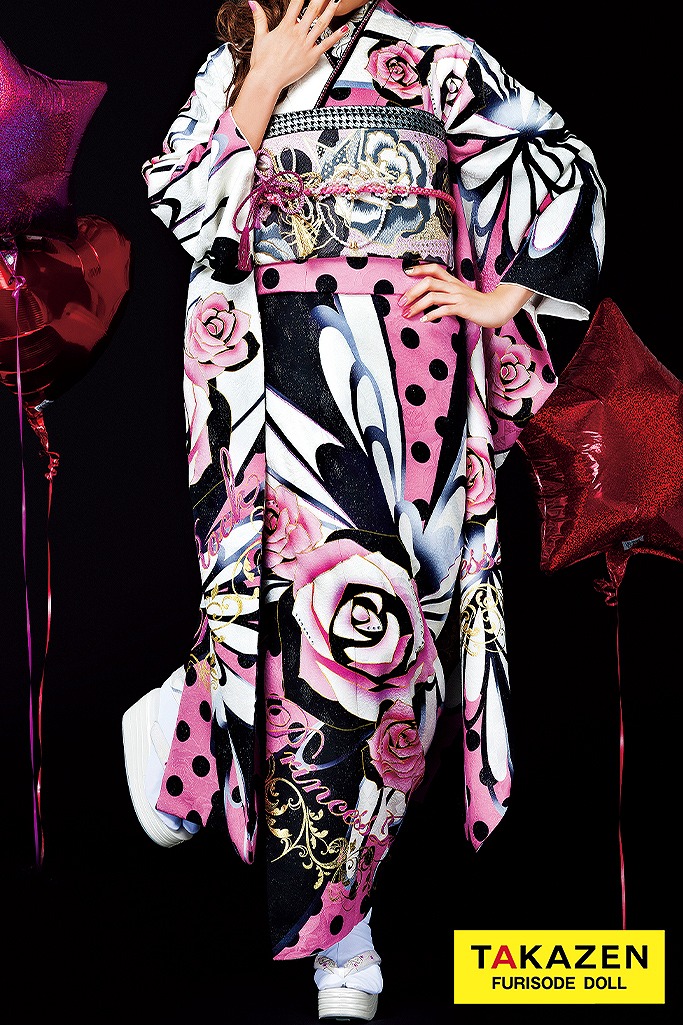 激安キュートガーリー　ピンク/黒/白　ドット柄/バラ柄　人と被らない　派手柄振袖ネットレンタル　安い　32190