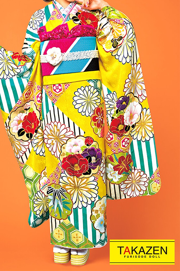 レトロポップ　黄/赤/水色(ブルー)　ツバキ柄/菊柄　目立つ　個性的　おしゃれ振袖ネットレンタル　派手　Barbie振袖　21002