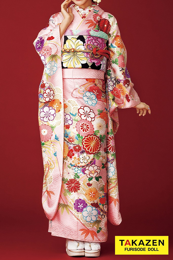 格安正統派古典　サーモンピンク　毬柄　かわいい振袖ネットレンタル　激安　お得　はんなり　32180