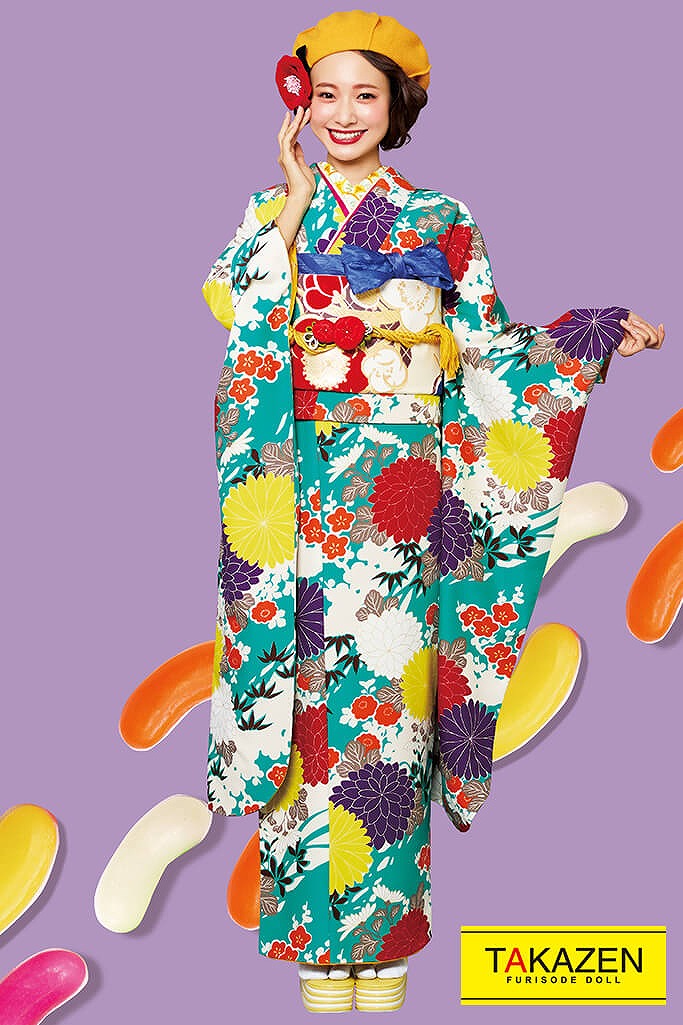 格安レトロ　エメラルドグリーン/赤/グリーン(緑色)　かわいい　個性的　フルセット10万円以下振袖ネットレンタル　32022