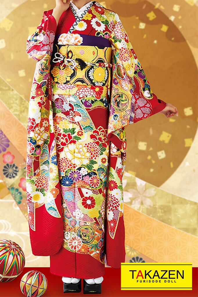 プレミアム古典　赤/ゴールド(金色)　ボタン柄　上品　豪華　正絹振袖ネットレンタル　高級金彩刺繍　　32081