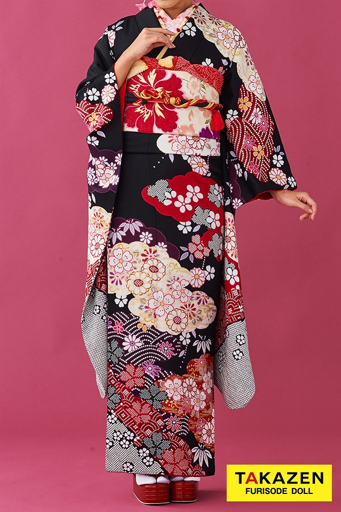 激安正統派古典　黒/赤　絞り風　大人っぽい　上品　古典振袖ネットレンタル　お得　安い　32178