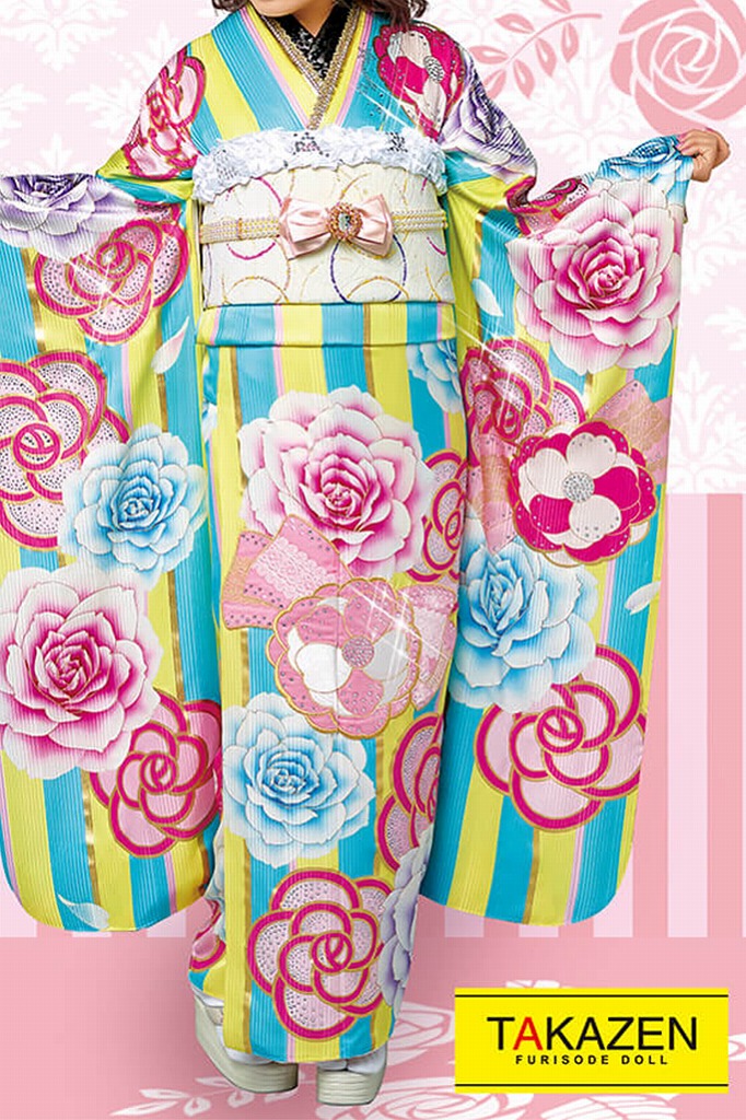 ヘップバーン　エレガント　黄色/水色/ピンク　かわいいカメリア柄　お洒落な洋風振袖ネットレンタル　ブーツコーデ　キラキラスワロフスキー付き　32033