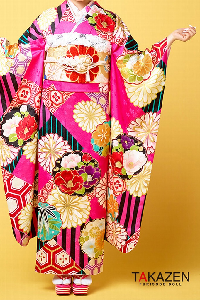 レトロポップ　赤/黒/ピンク　椿柄/菊柄　個性的　かわいい振袖ネットレンタル　バービー振袖　21001