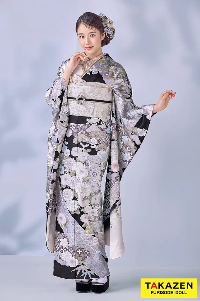 高級古典　関芳/最高級金彩刺繍友禅　黒/シルバー　レース　かっこいい　大人っぽい振袖　天翔天音　26033