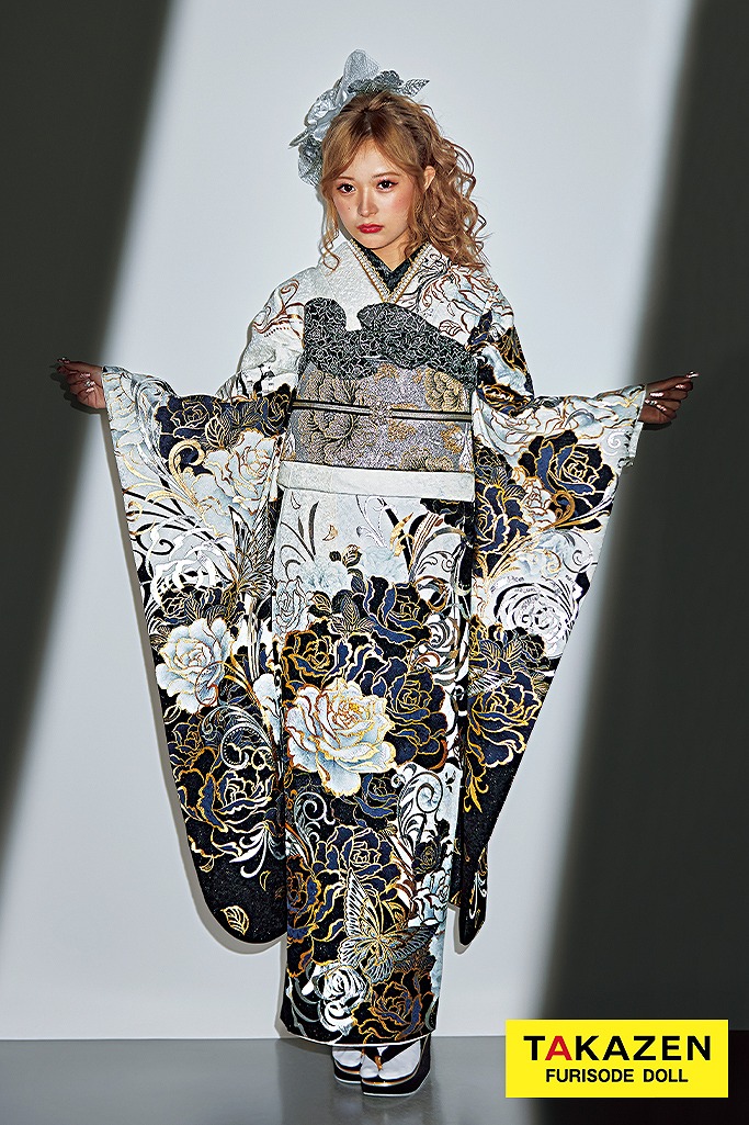 モード　白/黒/ゴールド(金色)　バラ柄　ギャル系　派手　カッコイイ振袖　グラマラス　豪華　聖菜　32114