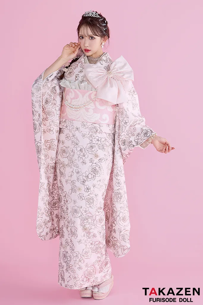 ヘップバーンシュシュ　ピンク　バラ柄　グリッター　キラキラ振袖　リボン付き　圧倒的一番　かわいい　伊藤桃々　人気キャバ嬢ご用達振袖ネットレンタル　25007