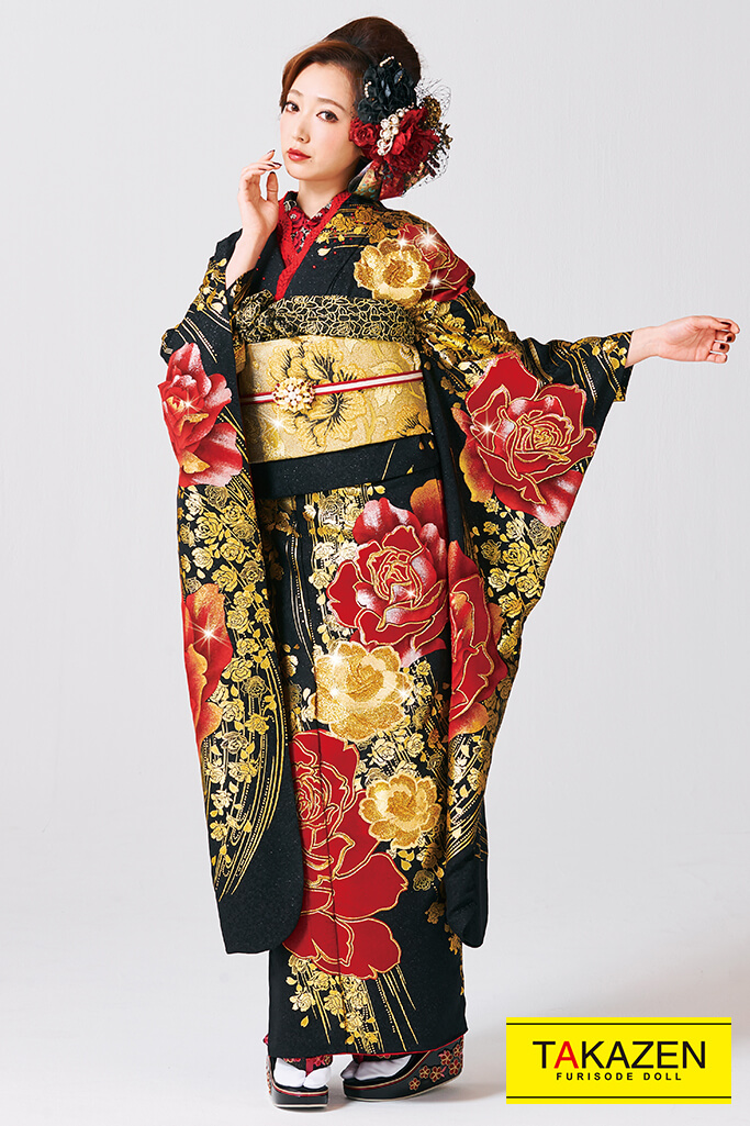 ヘップバーン　セレブ　赤/黒/ゴールド　ベルベット素材バラ柄　　高級エレガント振袖　ゴージャス　スワロフスキー付き　#F0028