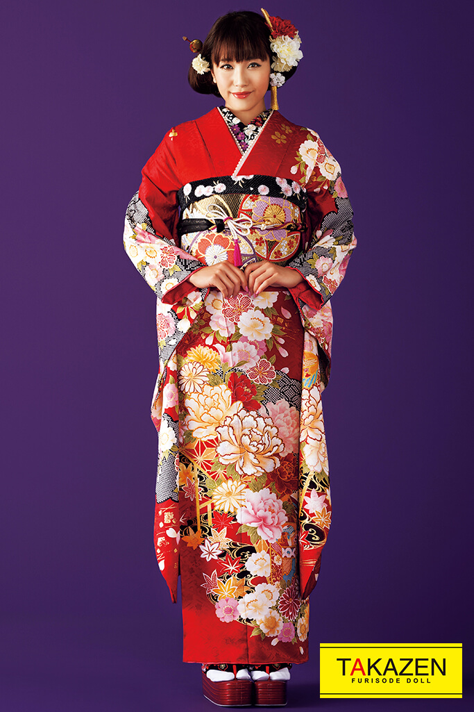 激安正統派古典　赤/黒　ボタン柄/和柄　お得　大人っぽい　清楚　振袖通販　伝統的　おしとやか　28078