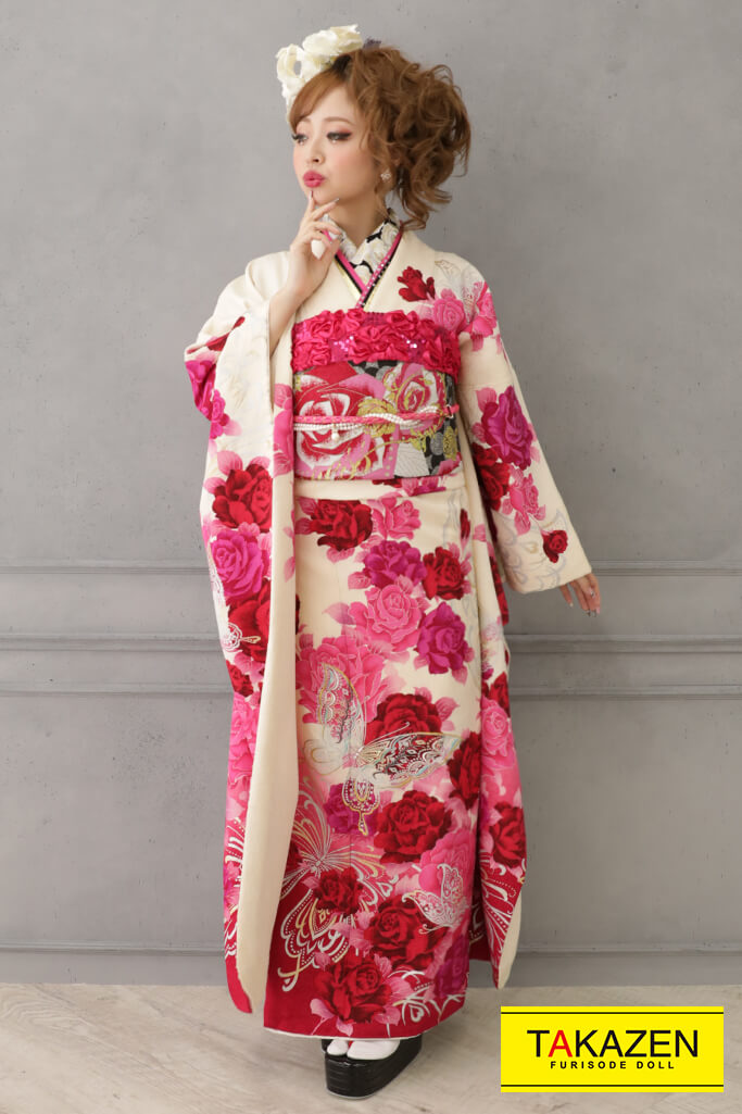 安い！姫ギャル系　白/赤/ピンク　バラ柄/蝶々柄　かわいい振袖ネットレンタル　お得な格安フルセット　YK0147