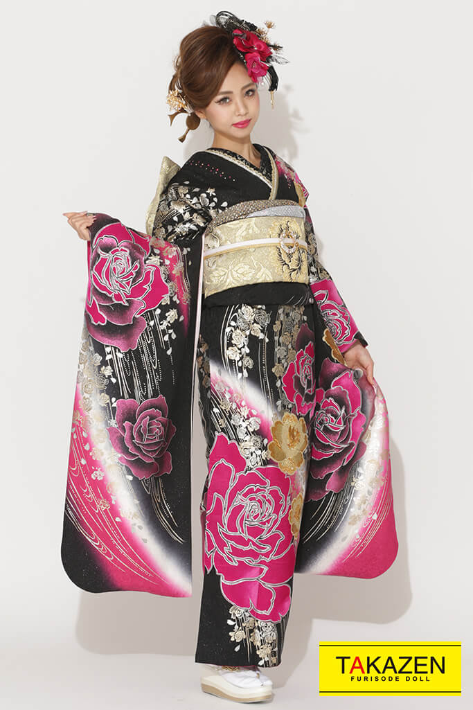 ヘップバーン　セレブ　ピンク/黒/ゴールド　ベルベット素材バラ柄　　高級エレガント振袖　派手　キラキラスワロフスキー付き　#F0030