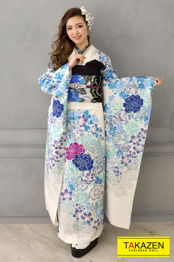 格安！エレガント系モード　白/紫/ブルー(青色)　牡丹柄　シンプル　クール系振袖ネットレンタル　かっこいい　YK0139