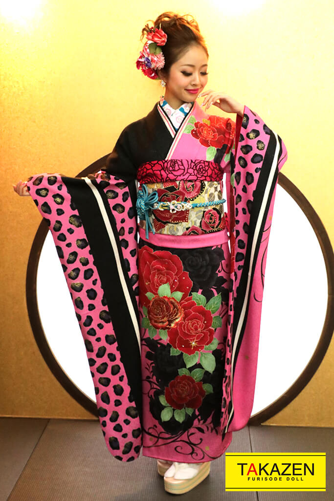 格安モード　黒/ピンク　ヒョウ柄　大人気　派手かわいい振袖ネットレンタル　目立つ　姫ギャル　YK0122