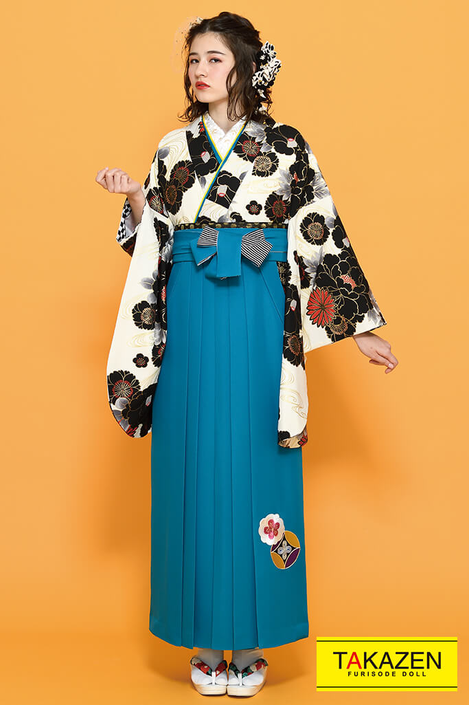 シンプル古典　白/黒/クリーム/赤　ボタン柄　大人っぽい袴ネットレンタル　派手　かっこいい　K21023