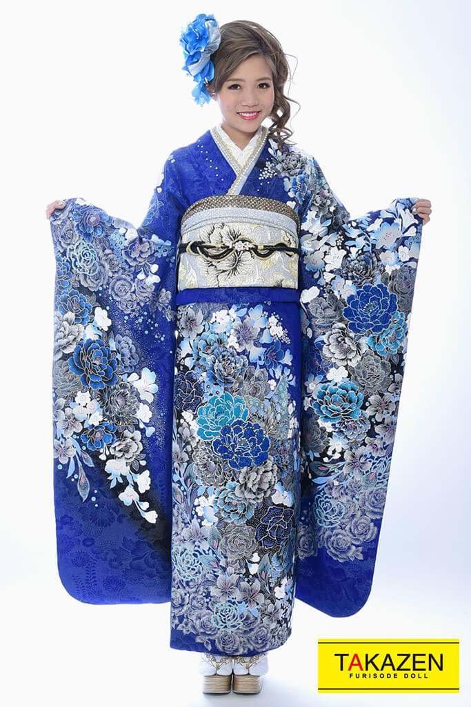 安い！クール系　黒/ブルー(青)　牡丹柄　派手　人気　おしゃれ　かっこいい振袖ネットレンタル　桂由美デザイン　YK0007