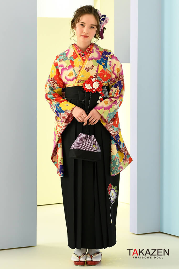 正統派古典柄　黄/白/赤/ブルー(水色)　椿柄　派手　可愛い　おしゃれ　目立つ袴ネットレンタル　K32043